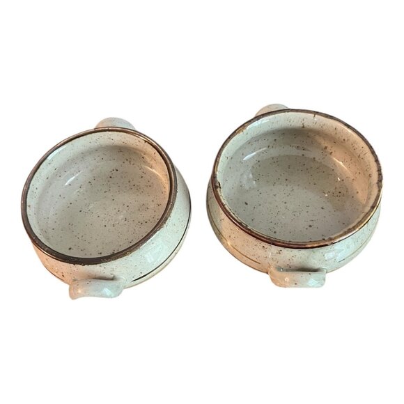 Vtg Stoneware Pottery Soup Bowls 4.5" Dia X 2.5" Tall Set Of 2 Speckled Handles - Picture 6 of 8